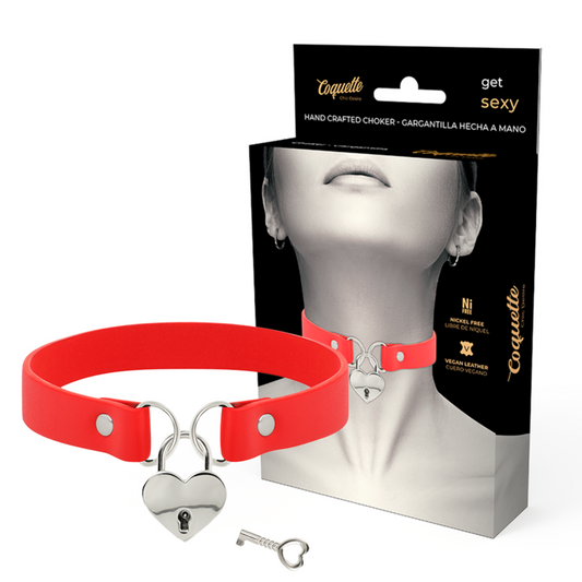 COQUETTE CHIC DESIRE - COLLIER EN CUIR VEGAN ROUGE AVEC COEUR ET ACCESSOIRE CLÉ
