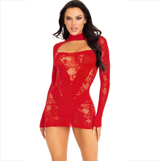 LEG AVENUE - ROBE MINI À MANCHES LONGUES ROUGE AVEC DENTELLE