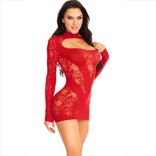 LEG AVENUE - ROBE MINI À MANCHES LONGUES ROUGE AVEC DENTELLE