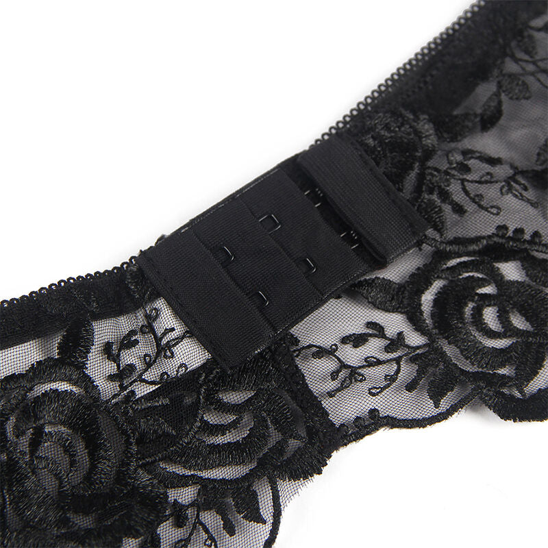 SUBBLIME - ENSEMBLE 3 PIÈCES SOUTIEN-GORGE + TONG + Jarretière IMPRIMÉ FLEURI NOIR S/M