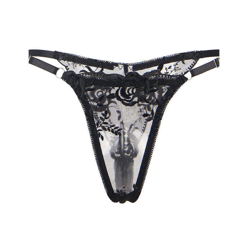 SUBBLIME - ENSEMBLE 3 PIÈCES SOUTIEN-GORGE + TONG + Jarretière IMPRIMÉ FLEURI NOIR S/M