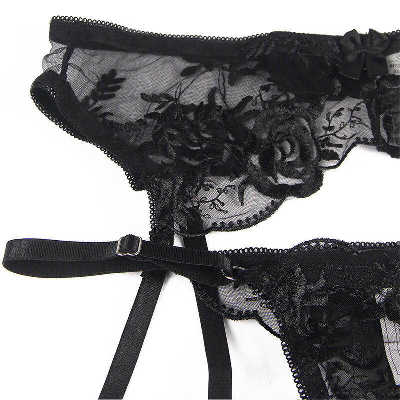 SUBBLIME - ENSEMBLE 3 PIÈCES SOUTIEN-GORGE + TONG + Jarretière IMPRIMÉ FLEURI NOIR S/M