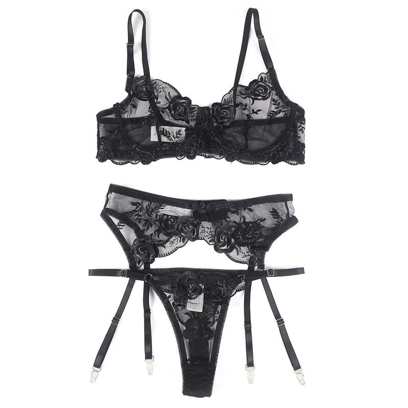 SUBBLIME - ENSEMBLE 3 PIÈCES SOUTIEN-GORGE + TONG + Jarretière IMPRIMÉ FLEURI NOIR S/M