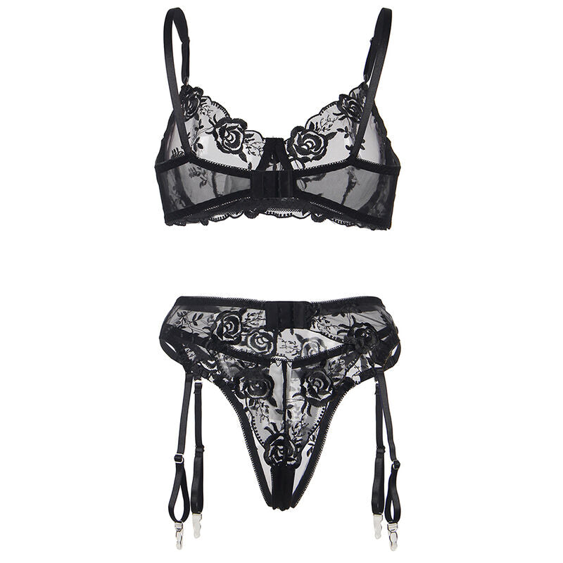 SUBBLIME - ENSEMBLE 3 PIÈCES SOUTIEN-GORGE + TONG + Jarretière IMPRIMÉ FLEURI NOIR S/M