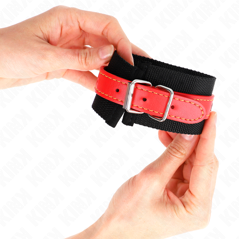 KINK - RÉSISTANCE DE POIGNET EN NYLON NOIR AVEC SIMILI CUIR ROUGE AJUSTABLE 19-24 CM X 5,5 CM