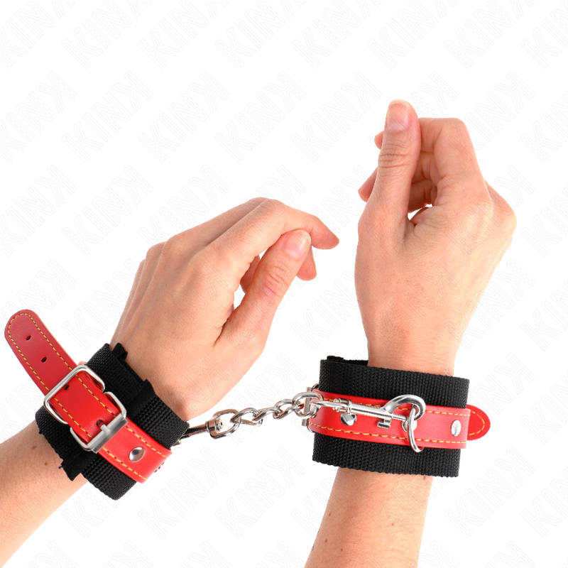 KINK - RÉSISTANCE DE POIGNET EN NYLON NOIR AVEC SIMILI CUIR ROUGE AJUSTABLE 19-24 CM X 5,5 CM