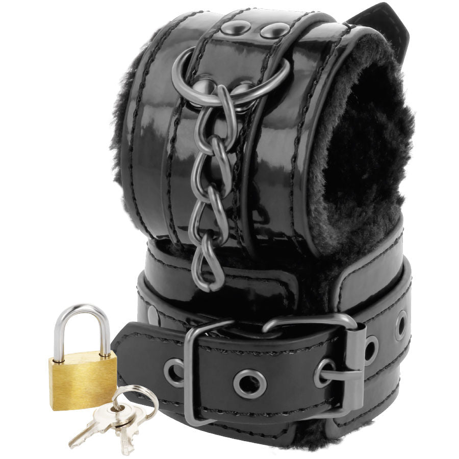 DARKNESS - MENOTTES RÉGLABLES EN CUIR NOIR AVEC CADENAS