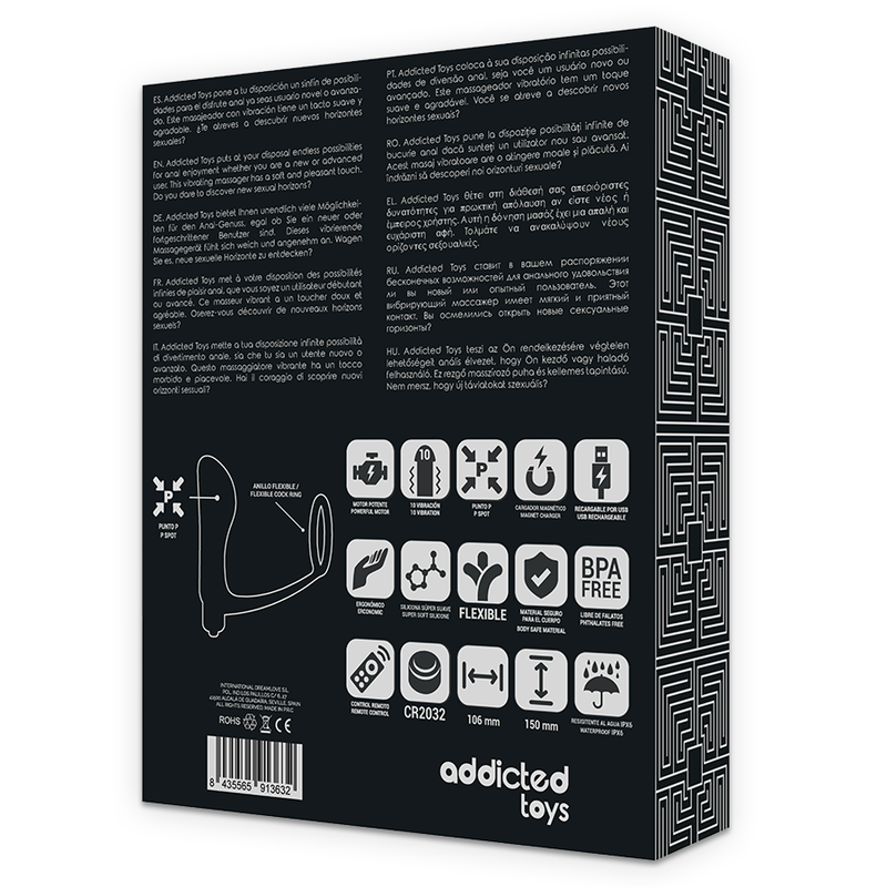 ADDICTED TOYS - ANNEAU PÉNIS AVEC TÉLÉCOMMANDE PLUG ANAL RECHARGEABLE NOIR