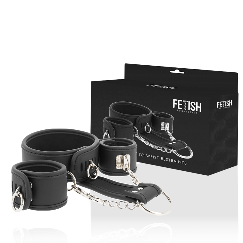FETISH SOUMISSIVE - COLLIER ET MENOTTES EN CUIR VÉGAN AVEC DOUBLURE EN NOPRÈNE