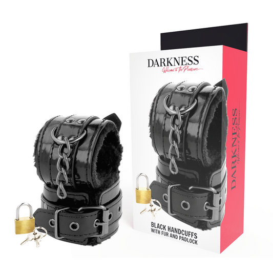 DARKNESS - MENOTTES RÉGLABLES EN CUIR NOIR AVEC CADENAS