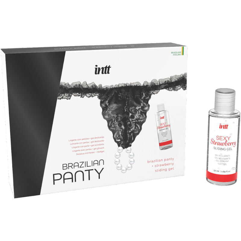 INTT RELEASES - SLIP BRÉSILIEN NOIR AVEC PERLES ET GEL LUBRIFIANT 50 ML