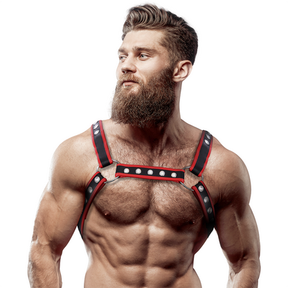 FETISH SUBMISSIVE ATTITUDE - HARNAIS BULLDOG HOMME EN CUIR ÉCOLOGIQUE NOIR/ROUGE