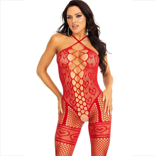 LEG AVENUE - BODYSTOCKING ROUGE COU HALTER COEURS ROUGES