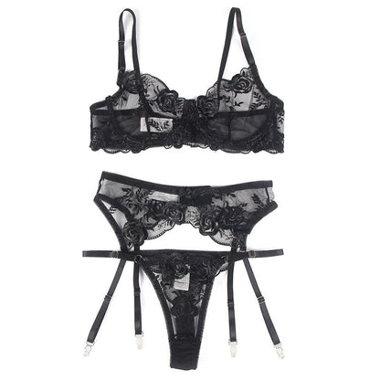 SUBBLIME - ENSEMBLE 3 PIÈCES SOUTIEN-GORGE + TONG + Jarretière IMPRIMÉ FLEURI NOIR S/M