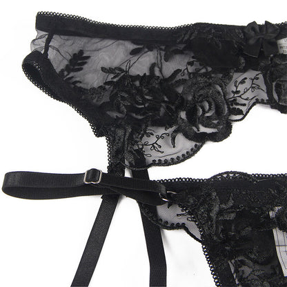 SUBBLIME - ENSEMBLE 3 PIÈCES SOUTIEN-GORGE + TONG + Jarretière IMPRIMÉ FLEURI NOIR S/M
