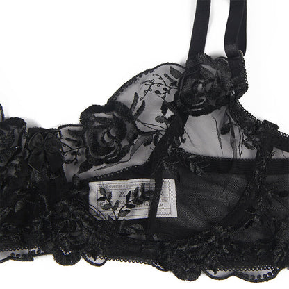 SUBBLIME - ENSEMBLE 3 PIÈCES SOUTIEN-GORGE + TONG + Jarretière IMPRIMÉ FLEURI NOIR S/M