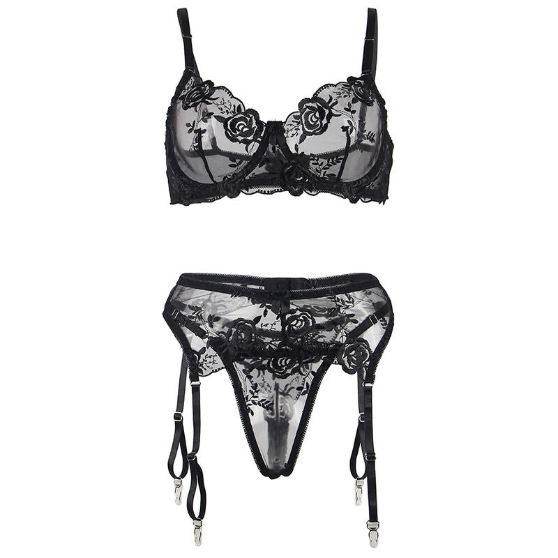 SUBBLIME - ENSEMBLE 3 PIÈCES SOUTIEN-GORGE + TONG + Jarretière IMPRIMÉ FLEURI NOIR S/M