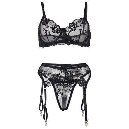 SUBBLIME - ENSEMBLE 3 PIÈCES SOUTIEN-GORGE + TONG + Jarretière IMPRIMÉ FLEURI NOIR S/M
