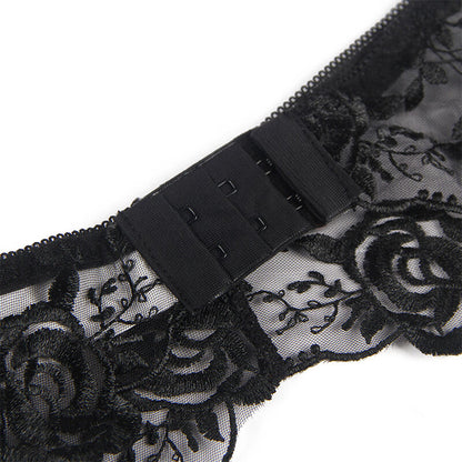 SUBBLIME - ENSEMBLE 3 PIÈCES SOUTIEN-GORGE + TONG + Jarretière IMPRIMÉ FLEURI NOIR S/M