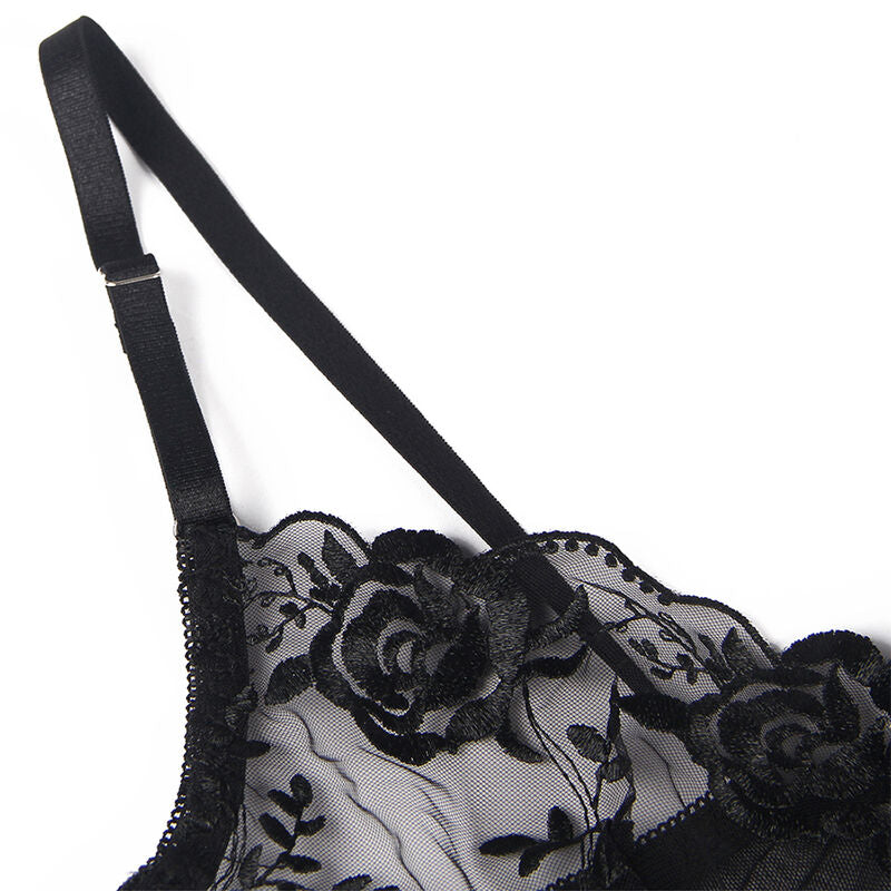 SUBBLIME - ENSEMBLE 3 PIÈCES SOUTIEN-GORGE + TONG + Jarretière IMPRIMÉ FLEURI NOIR S/M