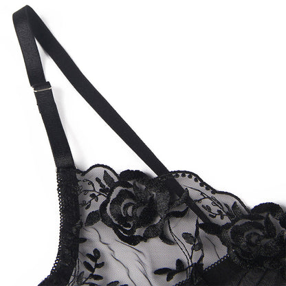 SUBBLIME - ENSEMBLE 3 PIÈCES SOUTIEN-GORGE + TONG + Jarretière IMPRIMÉ FLEURI NOIR S/M