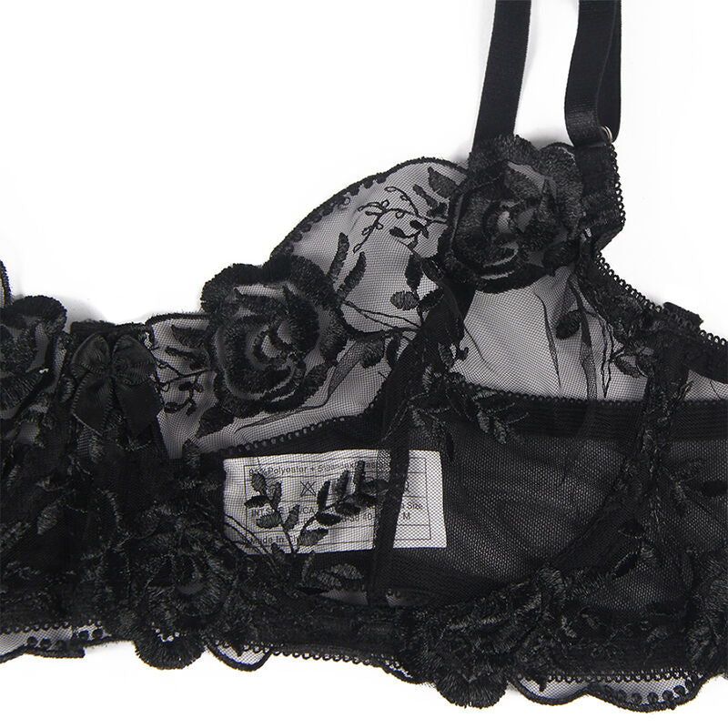 SUBBLIME - ENSEMBLE 3 PIÈCES SOUTIEN-GORGE + TONG + Jarretière IMPRIMÉ FLEURI NOIR S/M