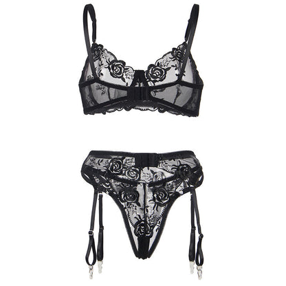 SUBBLIME - ENSEMBLE 3 PIÈCES SOUTIEN-GORGE + TONG + Jarretière IMPRIMÉ FLEURI NOIR S/M