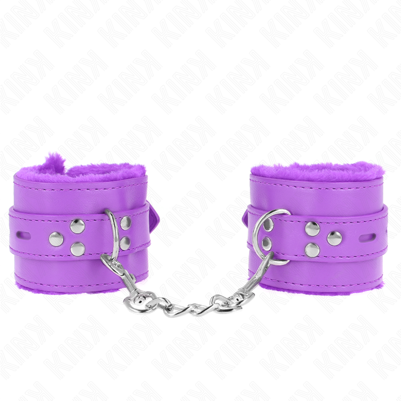KINK - MANCHETTES EN FOURRURE REMBOURRÉE AVEC TROUS CARRÉS VIOLET ET CEINTURE VIOLET AJUSTABLE 17-29 CM X 6 CM