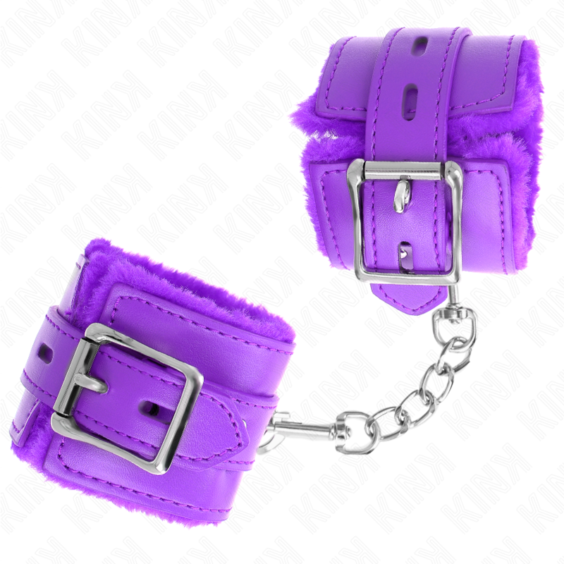 KINK - MANCHETTES EN FOURRURE REMBOURRÉE AVEC TROUS CARRÉS VIOLET ET CEINTURE VIOLET AJUSTABLE 17-29 CM X 6 CM