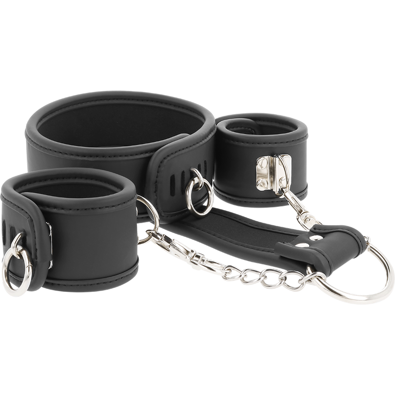 FETISH SOUMISSIVE - COLLIER ET MENOTTES EN CUIR VÉGAN AVEC DOUBLURE EN NOPRÈNE